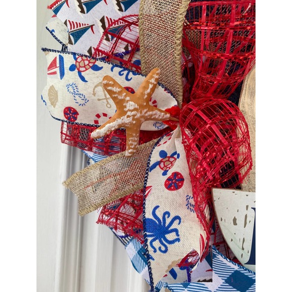 Coastal Sailboat Ahoy Anchor Beach Seashells Fish Summer Deco Mesh Ribbon Wreath - Picture 4 of 9